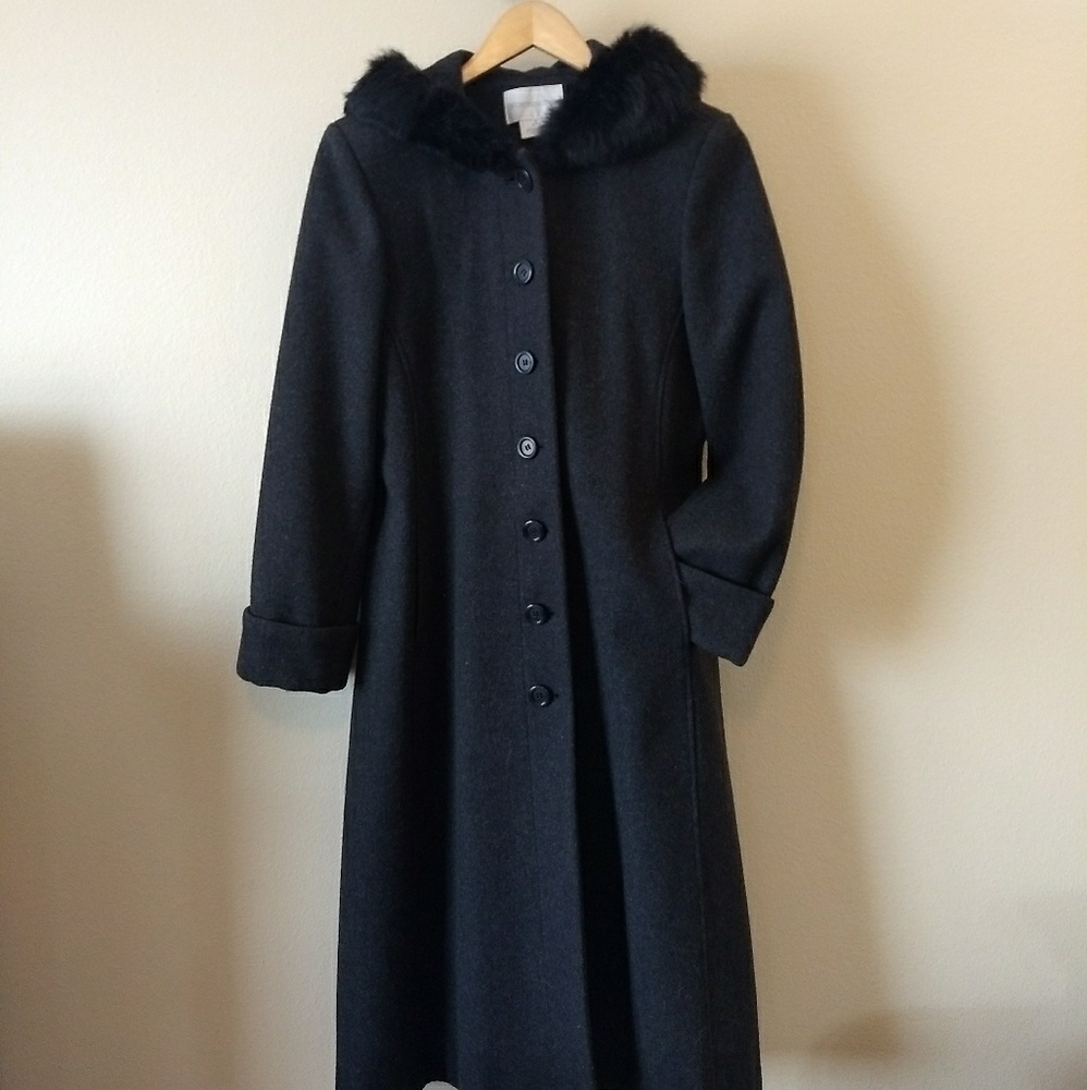 Long Wool Coat with Fur Trim Hood